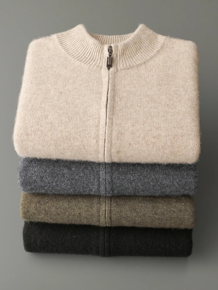 Cardigan Homme 100% Laine Mérinos Zippé Cachemire Épais Smart Casual Automne Hiver Chaud Confortable Tricoté Premium – Pull Zippé Luxe Laine Véritable | Mode Homme Luxe Premium