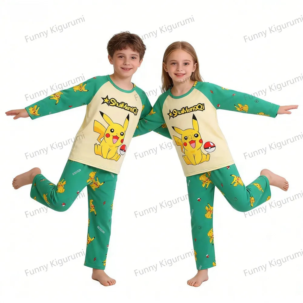 Pyjama Enfant Cartoon Pikachu – Ensemble 2 Pièces Manches Longues Garçon Fille 3-13 Ans