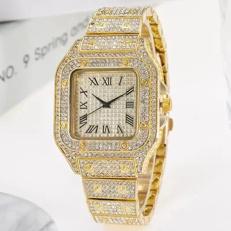Unisex-Luxus-Diamant-Strassuhr mit goldenem Armband – Fashion Glamour Herren & Damen 2024