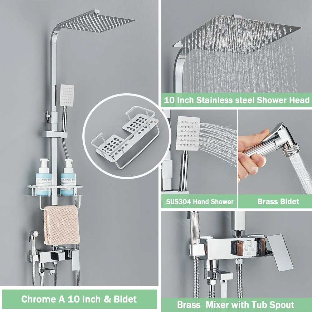 Rozin Ensemble Douche Pluie Mural Noir – Avec Bidet, Étagère & Bec Baignoire | Système Complet Laiton