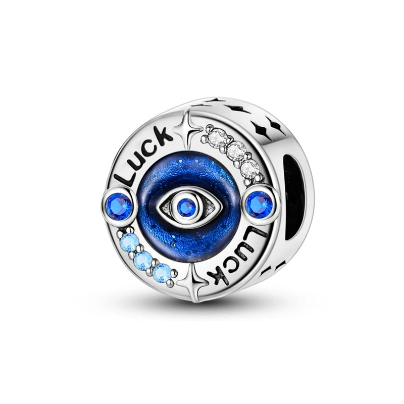 Charm Argent 925 Bleu Rotatif – Œil Démon, Main, Lune & Ciel Étoilé | Perle Pendentif Bracelet Femme | Bijou Spirituel & Mystique