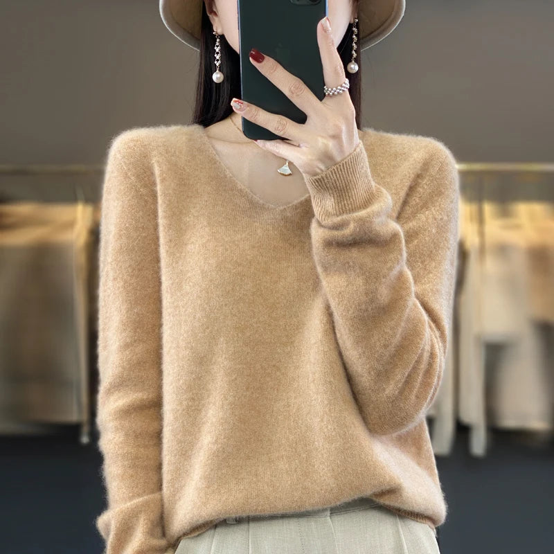 Pull Cachemire 100% Laine Col V Femme - Tricot Casual Korean Fashion Automne Hiver