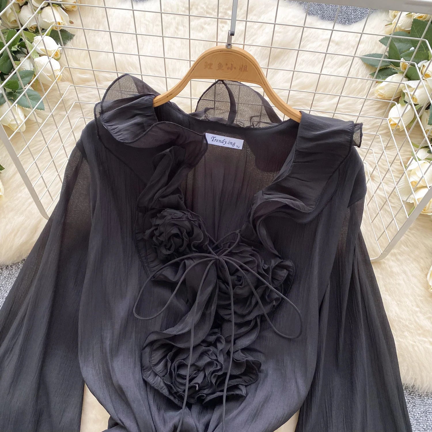 Robe Courte Femme Fleurs 3D Manches Longues Laçage Volants Mousseline – Vintage Bohème Sexy | Plage Été