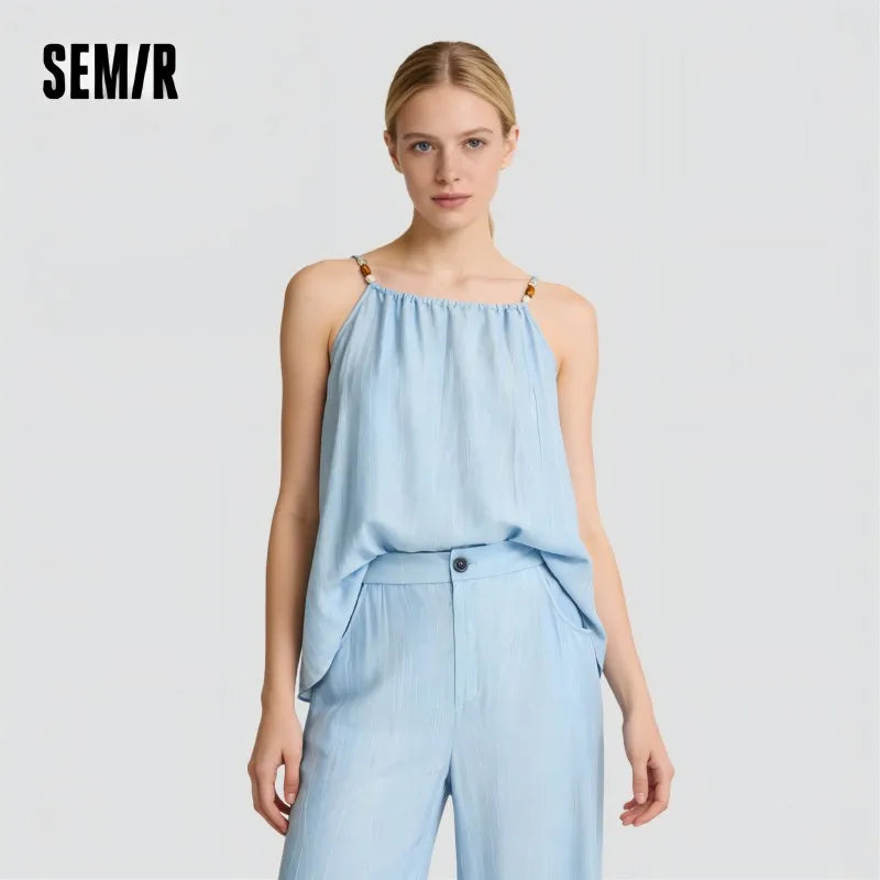 Ensemble 2 Pièces Femme Lin Pantalon Large Nœud Bretelles – Tenue Été Vacances Légère | Semir 2025