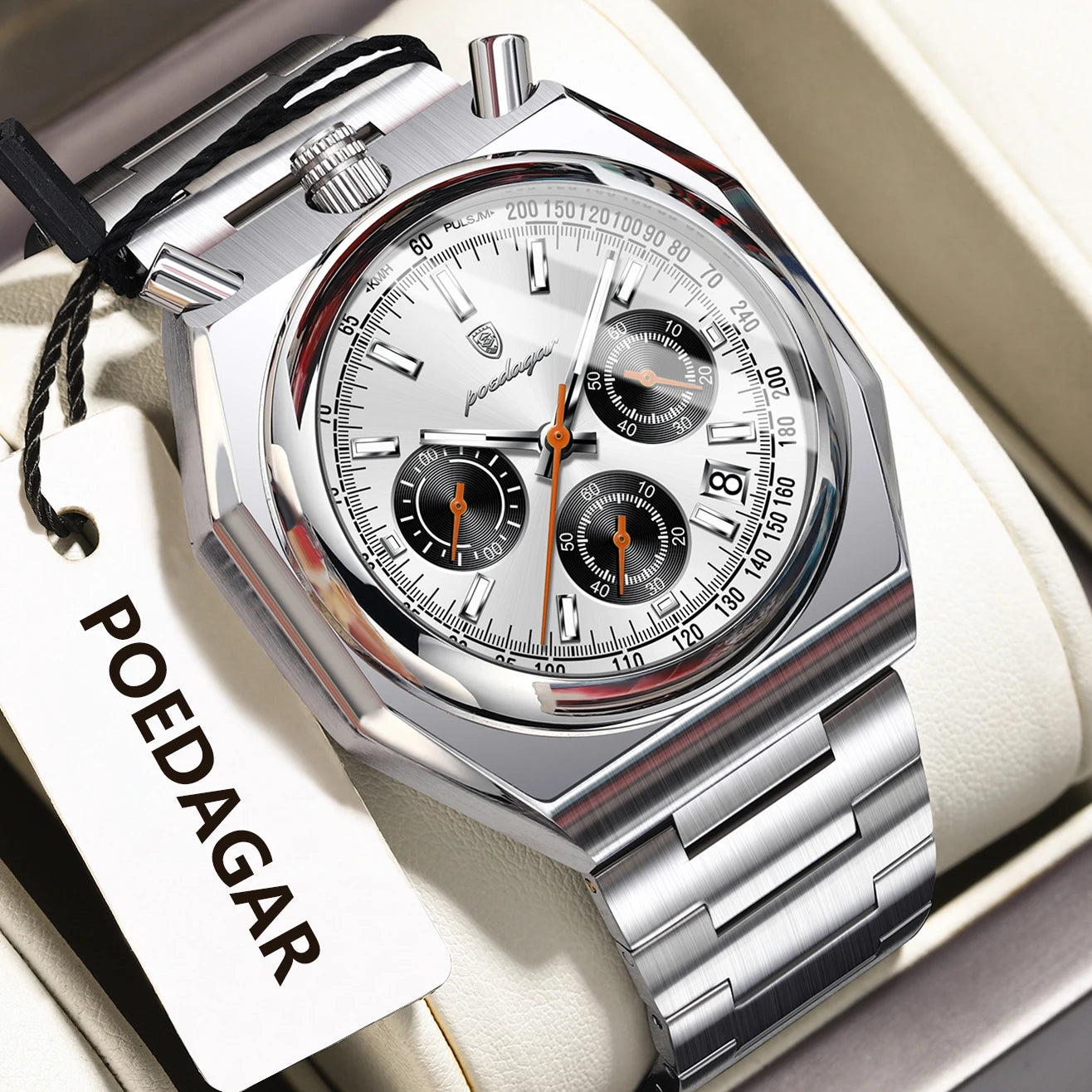 Montre Homme Luxe POEDAGAR Chronographe Militaire Acier Inoxydable Lumineux Étanche + Boîte