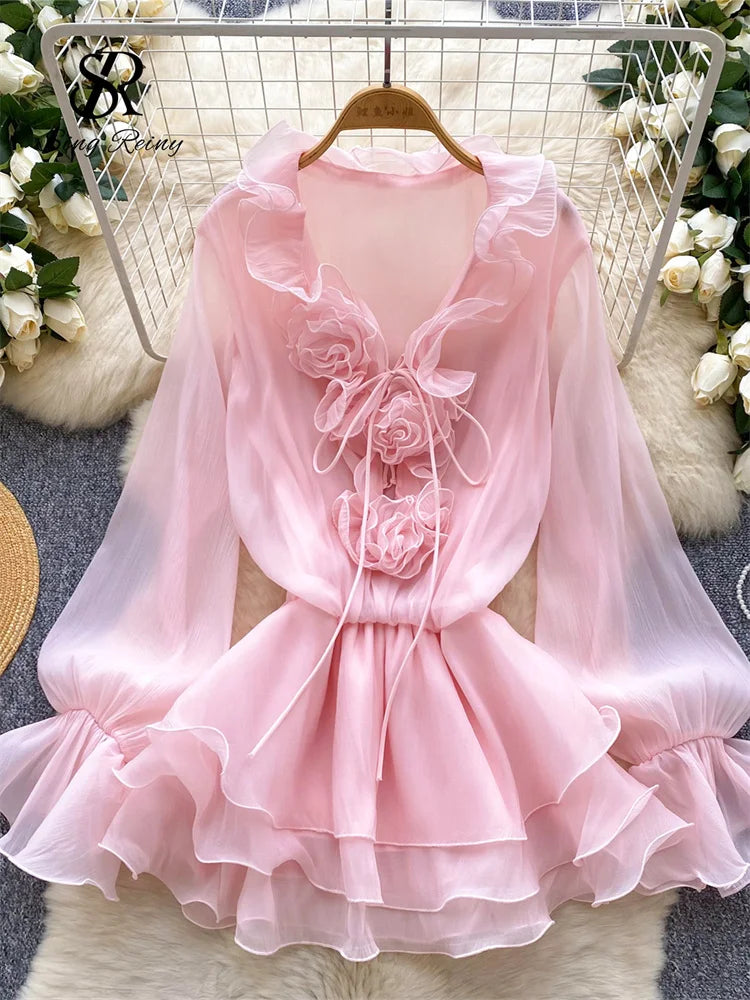 Robe Courte Femme Fleurs 3D Manches Longues Laçage Volants Mousseline – Vintage Bohème Sexy | Plage Été