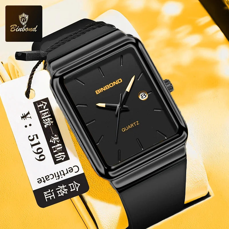 Montre Homme BINBOND Carré Quartz Silicone – Fashion Simple Étanche Tendance Original