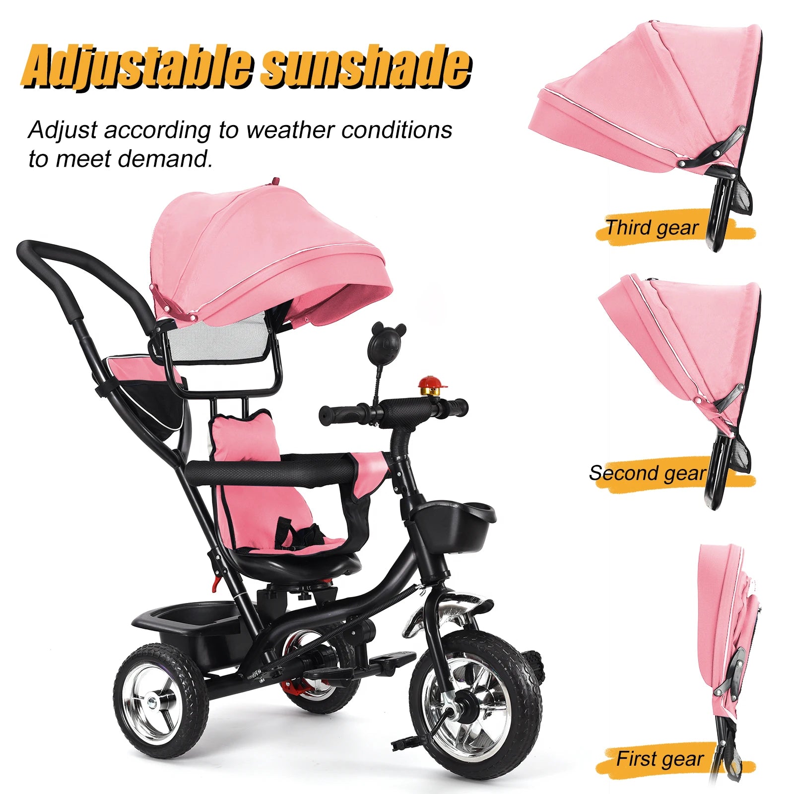 Tricycle Bébé Dès 9 Mois jusqu'à 25 Kg – Barre de Poussée, Siège Rotatif, Auvent Solaire, Porte-Gobelet & Panier | Évolutif