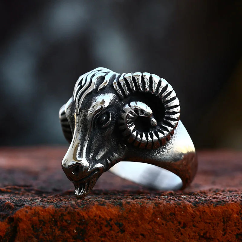 Bague Viking Tête de Bélier Acier Inoxydable 316L — Bijou Homme Vintage Ajustable