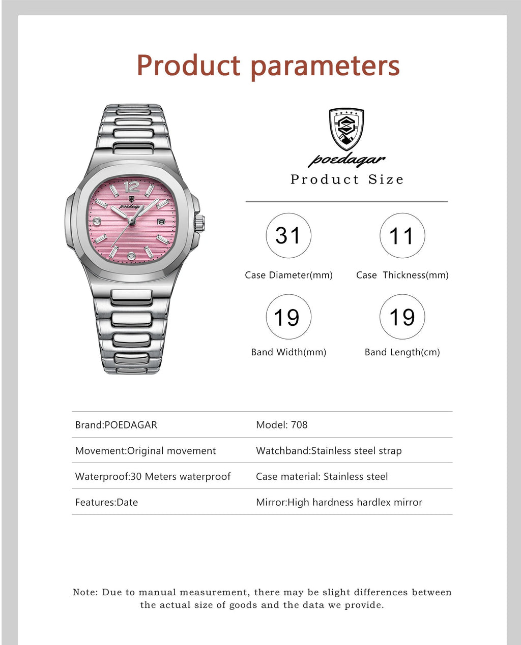 Montre Femme POEDAGAR Carrée Fashion Quartz – Lumineuse Étanche Date Luxe Haute Qualité