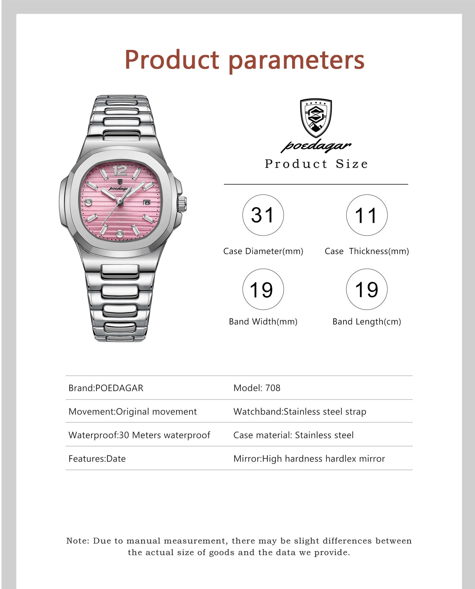 Montre Femme POEDAGAR Carrée Fashion Quartz – Lumineuse Étanche Date Luxe Haute Qualité