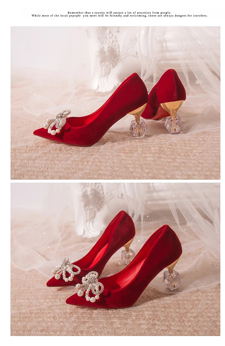 Chaussures Mariée Perle Talon Épais Bout Pointu – Xiuhe Robe Mariage Confortables