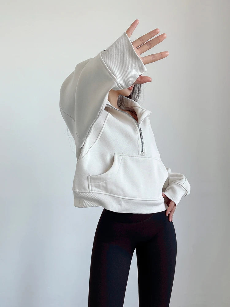 Sweat Femme Oversize Zip Polaire – Hoodie Streetwear Chaud Casual Rose Blanc