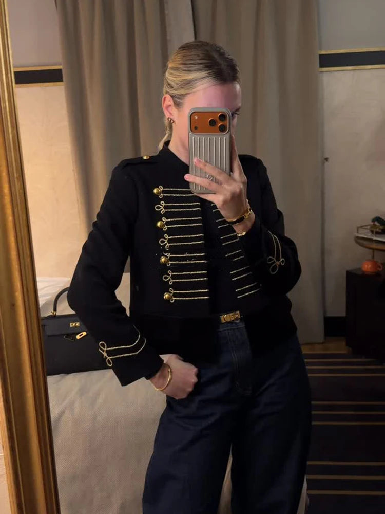 Veste Courte Femme Style Militaire Napoléon Vert Kaki Col Droit Boutonnage Simple – Chic Rétro High Street