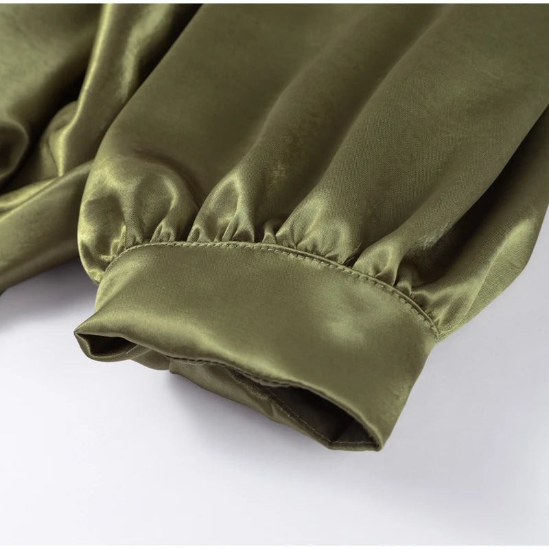 Veste Femme Suède Vert Élégante Manches Bouffantes Revers Fermeture Éclair Ample Plissée – Blouson Court Streetwear Printemps Automne | Mode 2025