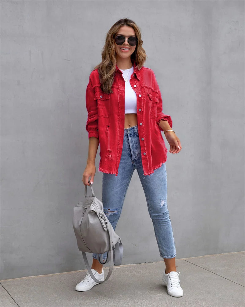 Veste en Jean Femme Bords Bruts Troués – Style Chemise Casual | Printemps Automne Tendance 2025