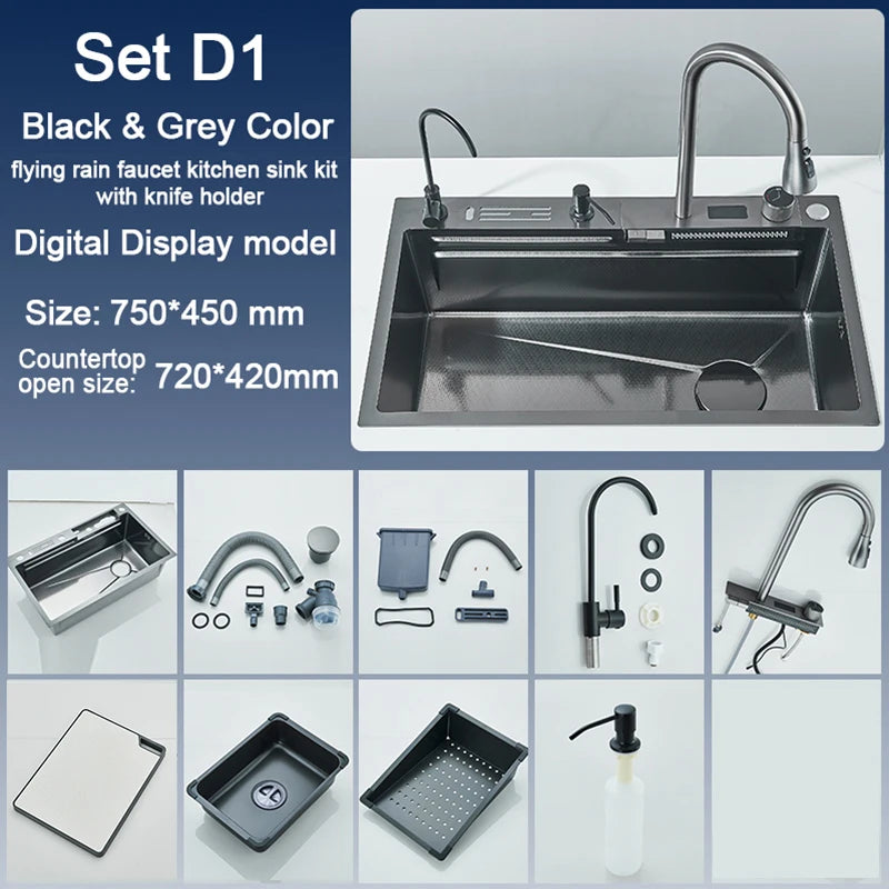 Évier Cuisine Inox 75x45cm Affichage Digital Température – Grand Bac, Robinet Cascade Eau Chaude & Froide | Design Moderne