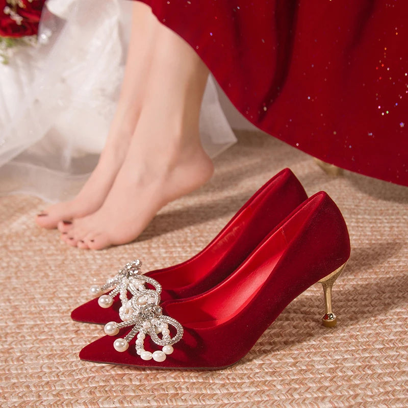 Chaussures Mariée Perle Talon Épais Bout Pointu – Xiuhe Robe Mariage Confortables
