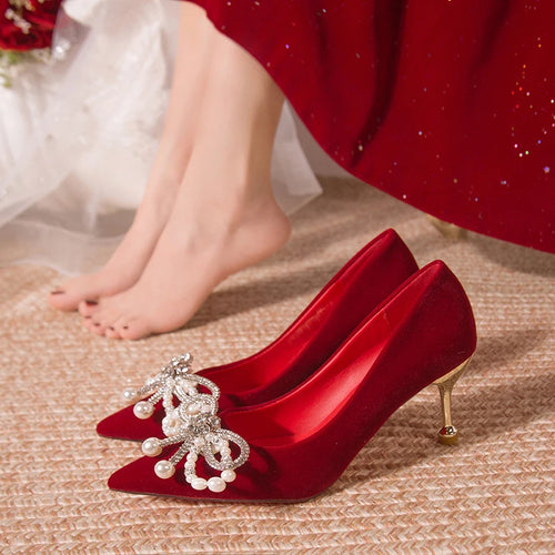 Chaussures Mariée Perle Talon Épais Bout Pointu – Xiuhe Robe Mariage Confortables