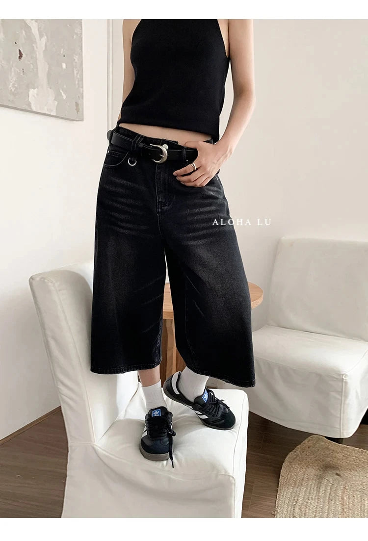 Short Jean Femme Taille Haute Noir Vintage Harajuku Y2K Streetwear – Denim Lavé Loose Casual Mi-Long | Mode