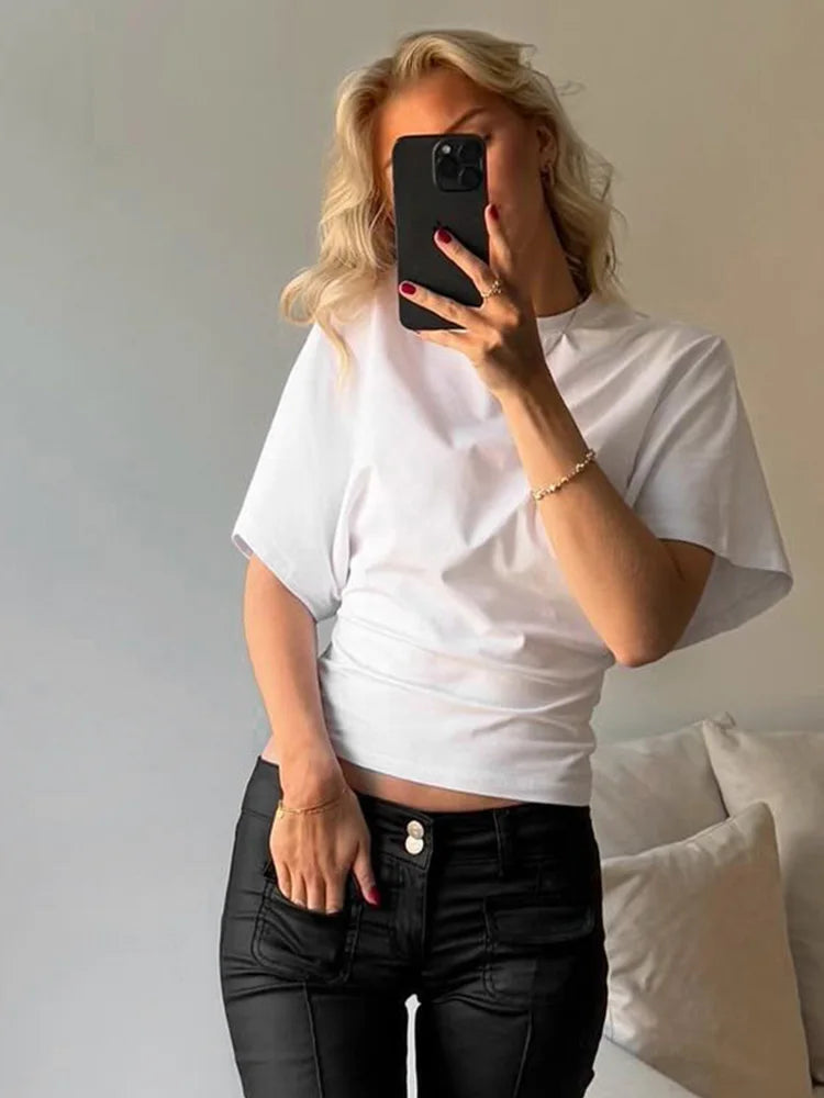T-Shirt Crop Top Femme Gris Col Rond Style Corset – Casual Solid Streetwear | Printemps Été