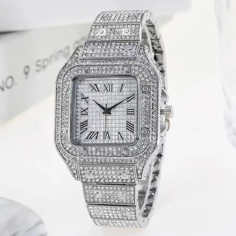 Unisex-Luxus-Diamant-Strassuhr mit goldenem Armband – Fashion Glamour Herren & Damen 2024