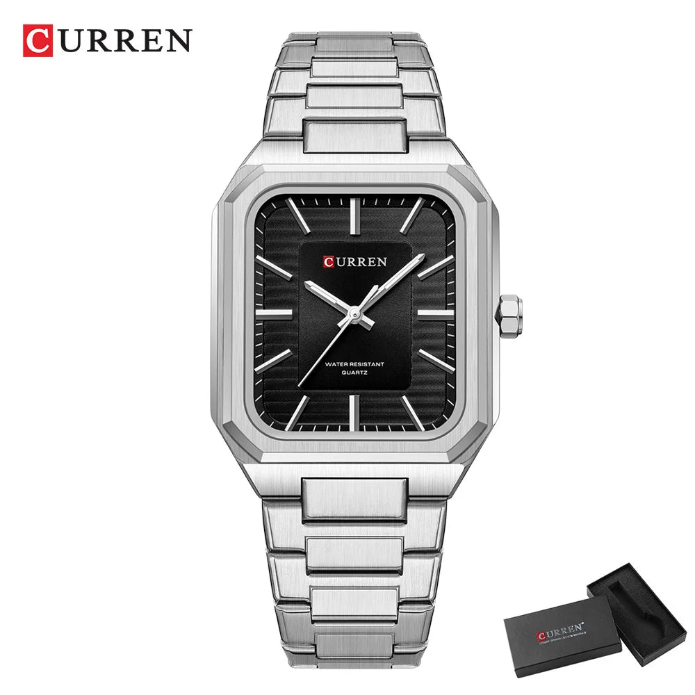 Montre Homme CURREN Vintage Rectangle Acier Inoxydable Quartz Lumineux Étanche – Style Rétro Chic