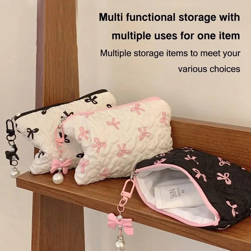 Trousse Cosmétique Nœud Plissé Coton Matelassé – Pochette Maquillage Voyage Filles | Organisateur Portable