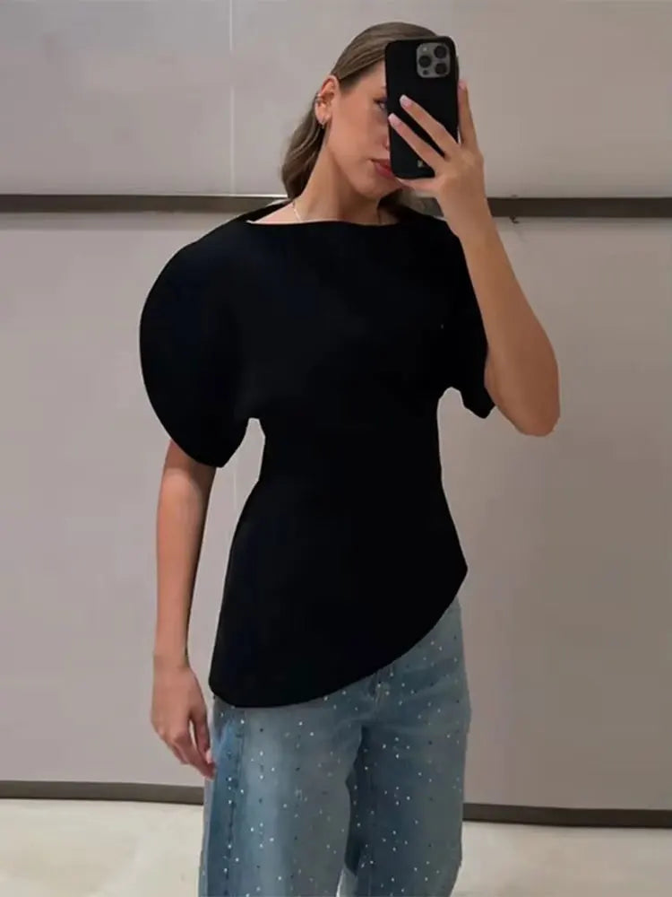 Blouse Noire Vintage Femme – Manches Bouffantes Courtes & Ourlet Asymétrique | Chic Tendance Printemps 2026