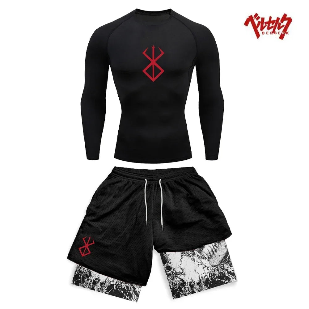 Ensemble Compression Homme Anime Berserk – T-Shirt + Short Gym Séchage Rapide | Running, Fitness & Workout Été | Sportswear Manga