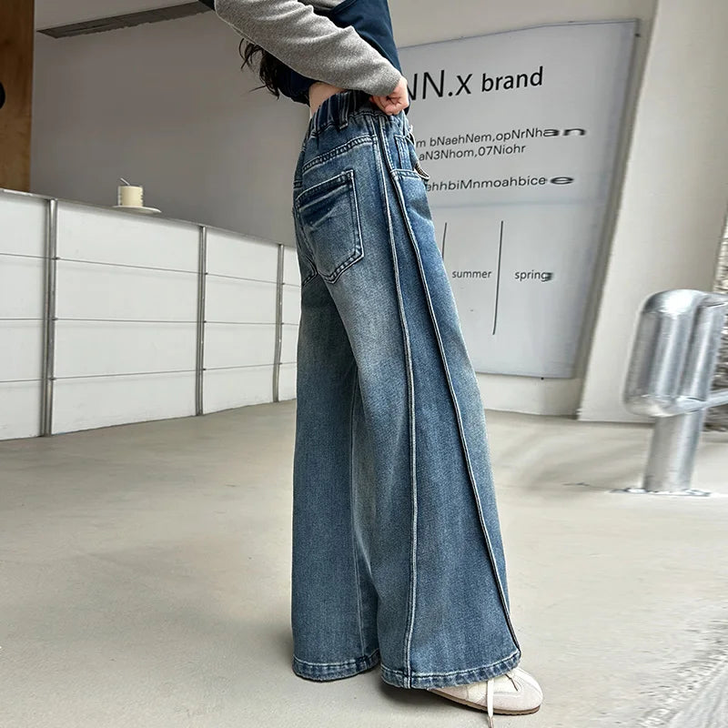 Jean Large Fille Taille Haute Bleu Foncé – Pantalon Denim Jambe Large Retroussable Enfant 4-14 Ans