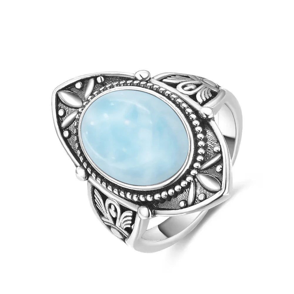 Bague Argent 925 Pierre Larimar Naturelle Vintage – Forme Fleur Ronde Bleu Ciel & Eau de Mer | Bijou Fin Unisexe Pierre Rare des Caraïbes & Cadeau Premium