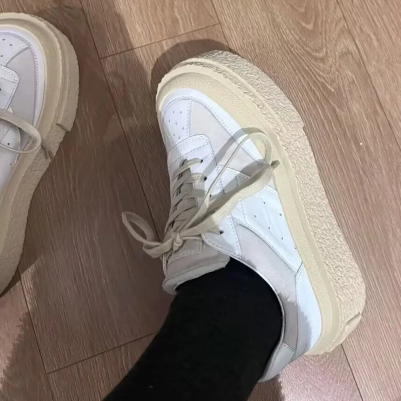 Chaussures Cuir Véritable Femme Cake Sole 2024 – Blanches Casual Élévées Sport Printemps