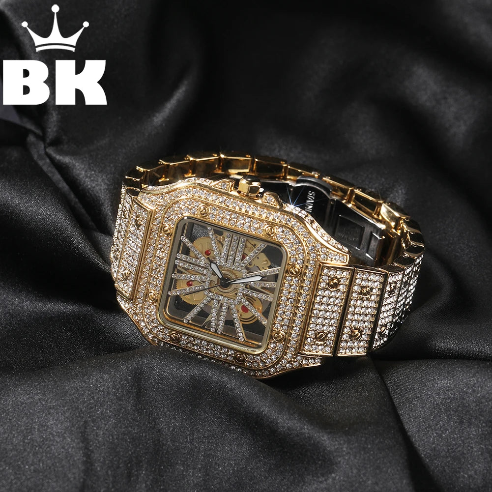 Montre Quartz Transparente Rhinestone Luxe Homme – Cadran Carré Skeleton 35mm Automatique