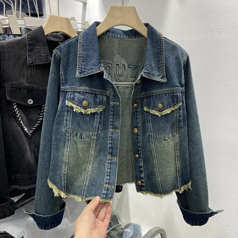 Veste Courte Femme Denim Bleu Col Rond Poches Style Coréen Ample – Mode Chic & Classique | Automne
