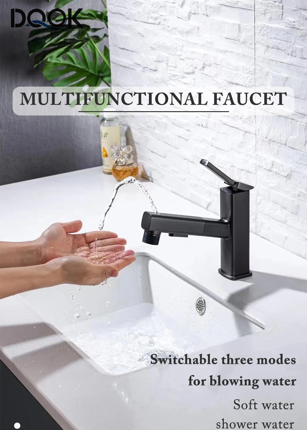 DQOK Robinet Lavabo Extractible Chrome & Noir – Laiton, Douchette Escamotable, Mitigeur Moderne | Vasque Salle de Bain
