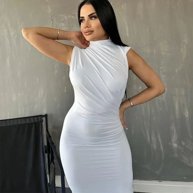 Damen Maxikleid Weiß Plissiert Ärmellos Rundhals – Schlank Machend Elegant | Sommerabend