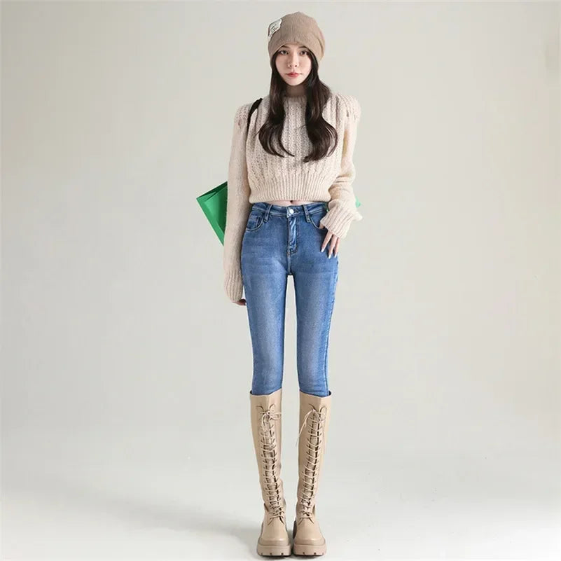 Jean Femme Thermique Skinny Taille Haute Chaud Polaire Stretch Denim – Pantalon Crayon Hiver Neige Confortable | Mode