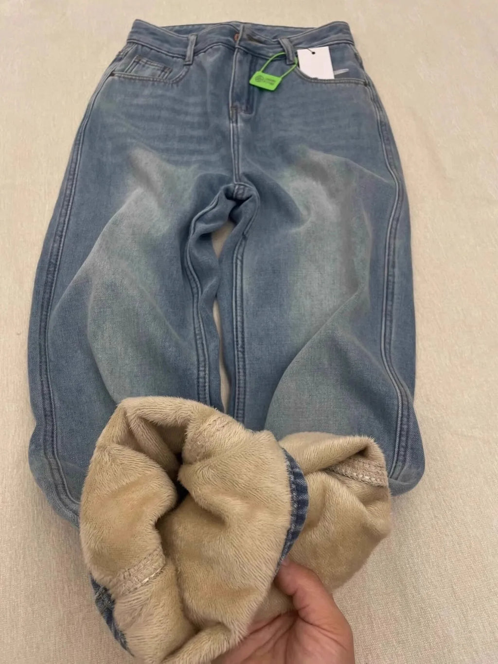 Damen-Jeans Warme Fleece-Hose Gerader Schnitt Schmal Samtig Weich Vintage – Bequeme gefütterte Denim-Hose | Winter