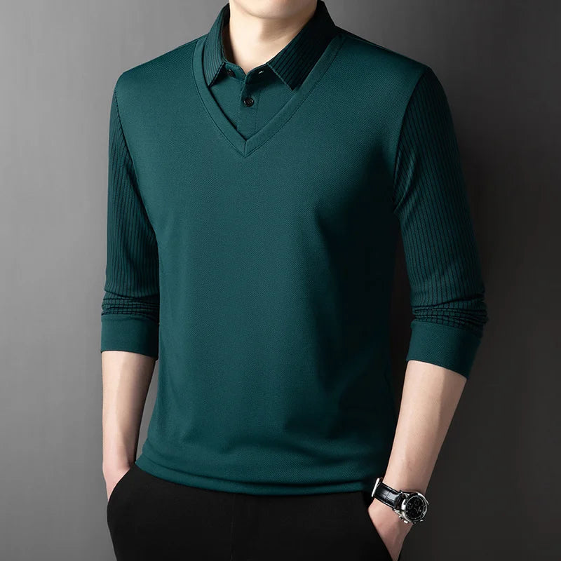 Polo Homme Manches Longues Faux Deux Pièces Couleur Unie – Business Casual Élégant Toutes Saisons Polyvalent | Mode Homme Premium