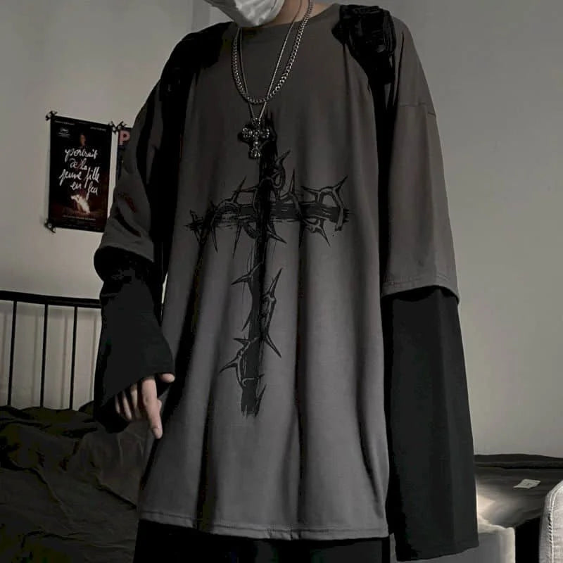 T-Shirt Homme Oversize Manches Longues Croix d'Épines Dark Hip-Hop Y2K Gothic Streetwear Été Tendance – Tee Graphique Dark Aesthetic Unisexe | Mode Streetwear Premium