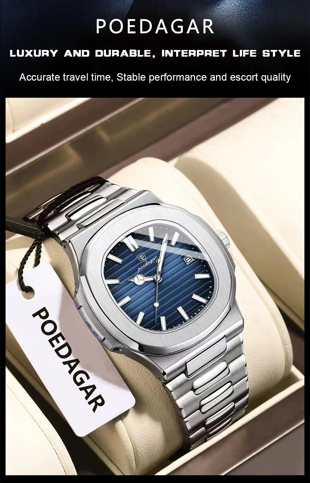 Montre Homme POEDAGAR Carré Luxe Quartz – Acier Lumineux Étanche Date Sport Business