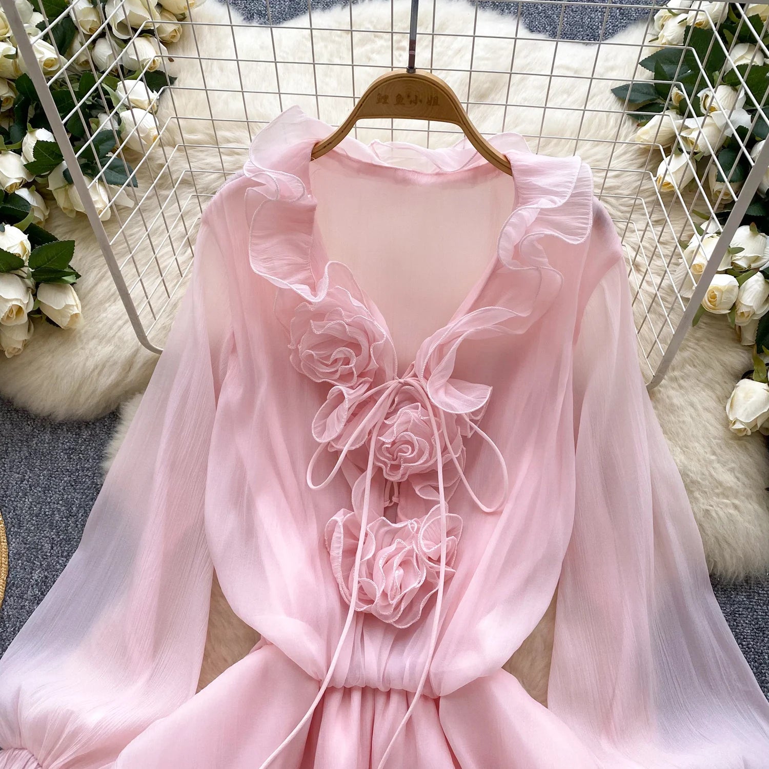 Robe Courte Femme Fleurs 3D Manches Longues Laçage Volants Mousseline – Vintage Bohème Sexy | Plage Été