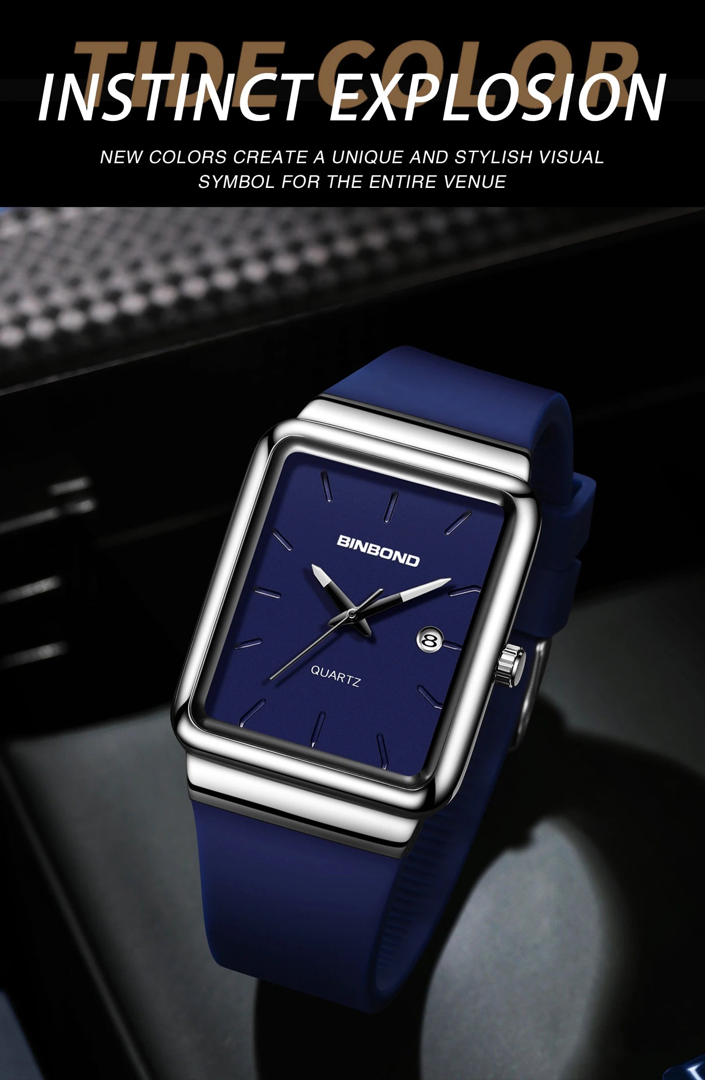 Montre Homme BINBOND Carré Quartz Silicone – Fashion Simple Étanche Tendance Original