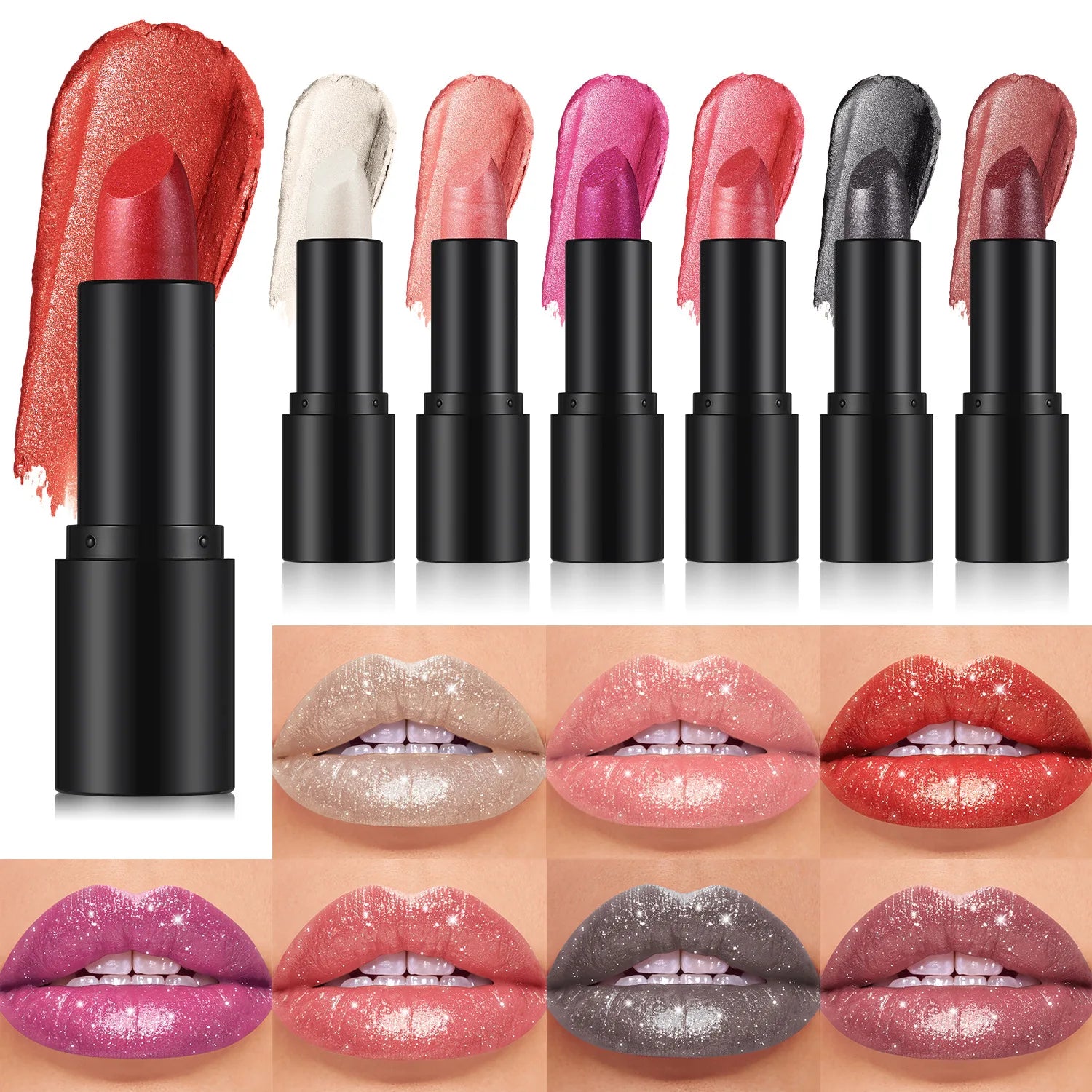 Rouge à Lèvres Métallique Nacré 7 Couleurs – Waterproof Longue Tenue | Diamant Brillant