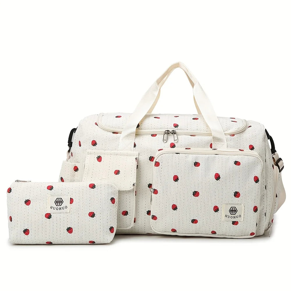Sac de Voyage Fraise Velours Côtelé – Grande Capacité Bandoulière Léger Sport Fitness Bagage
