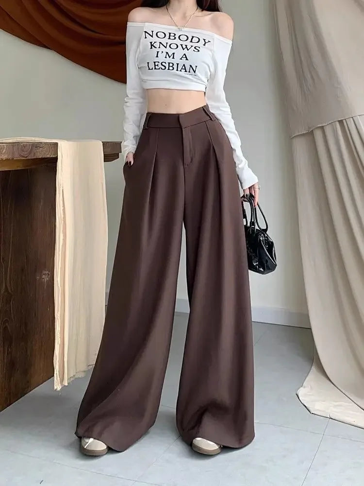 Damenhose Weit Hohe Taille Einfarbig Elegant Minimalistisch Büro-Stil Ulzzang – Casual Chic | Frühling Herbst