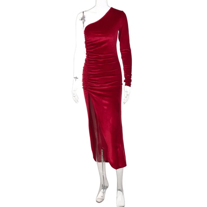 Elegantes Damen Samt Midi-Kleid Langarm Bodycon Schlitz Bleistift Abendkleid – Schickes Outfit Frühling Herbst | Glamour