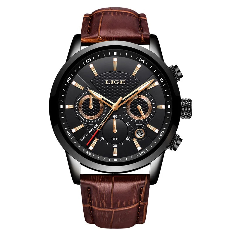Montre Homme Luxe LIGE Chronographe Quartz Cuir – Business Sport Étanche Date 2025