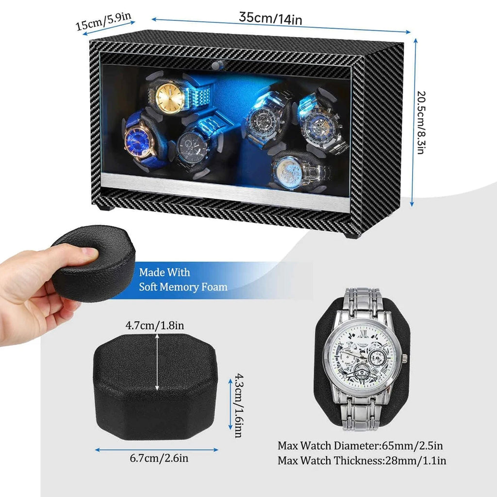 Remontoir Montre Automatique 1/2/4/6 Slots Boîte Bois Moteur Silencieux LED Bleue Vitrine Bijoux Premium | Remontoir Montre Automatique Bois LED Premium